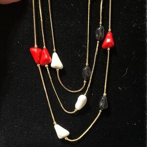 Elegant vintage 20” three tier Gold Necklace with Red, Black, and White Accents